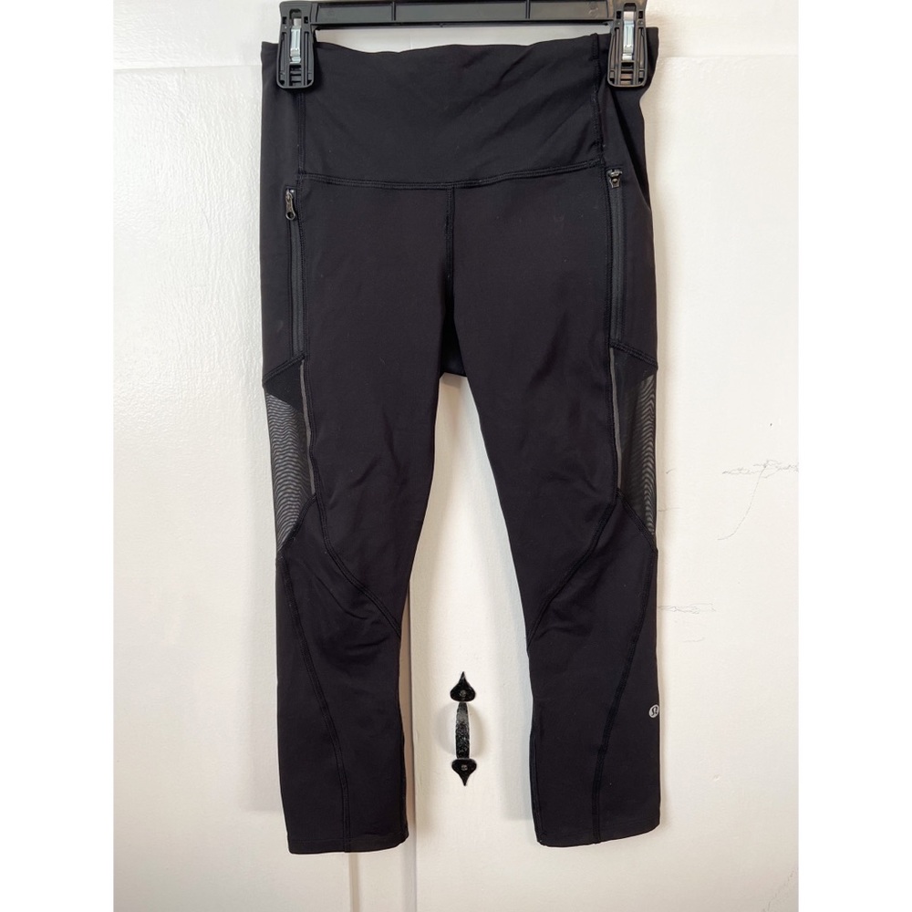 Lululemon Black Cropped Leggings with Sheer Panel, Size 6